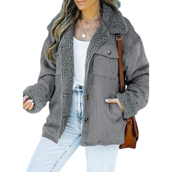 Women's A1 Gray Jacket Vests Coat Fleece Fur Collar Button Down Winter Warm